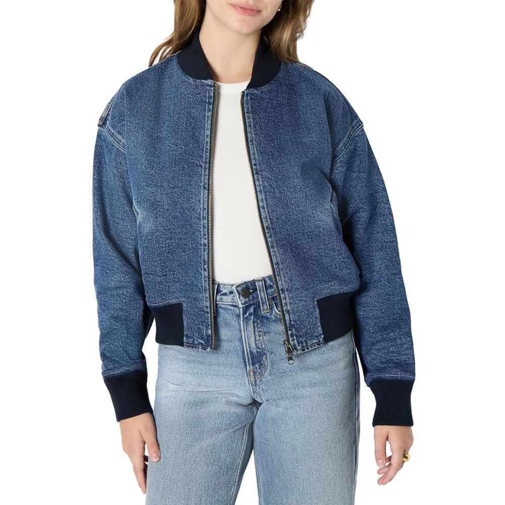 Women's Relaxed-Fit Denim Bomber Jacket - Blue Vintage Large
